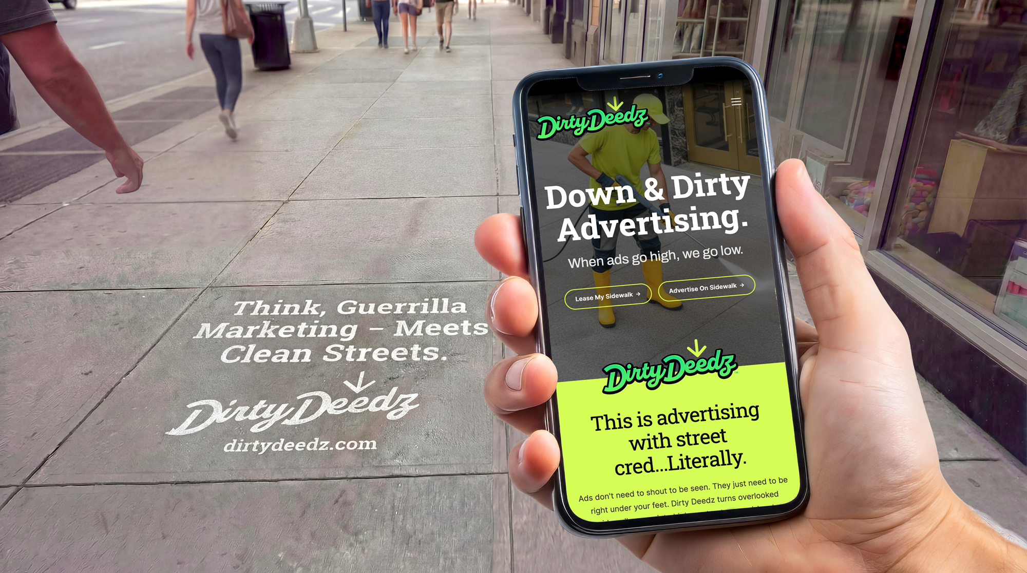 Dirty Deedz sidewalk ad with phone